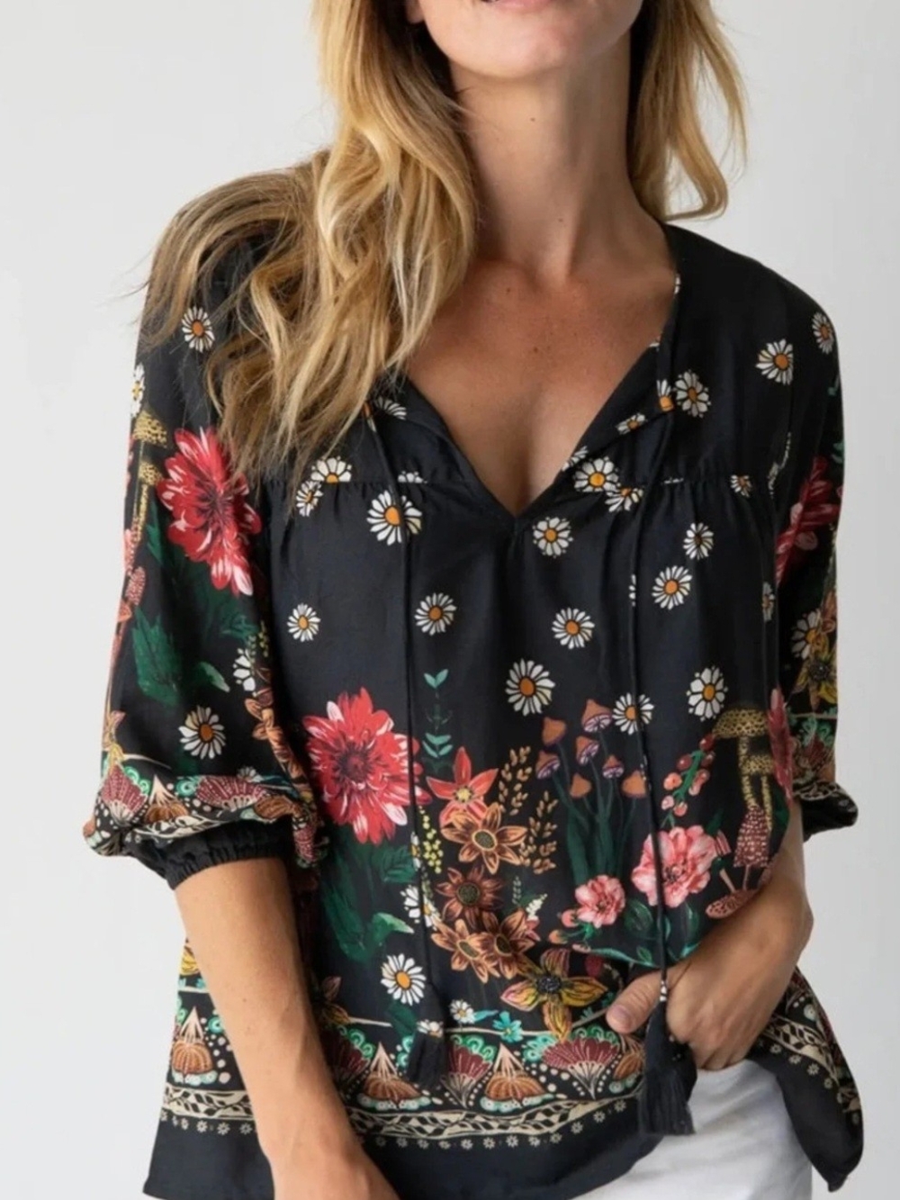 Natural Life Maribel Boho Floral & Mushroom Peasant Blouse Top – Black Sz L Boho